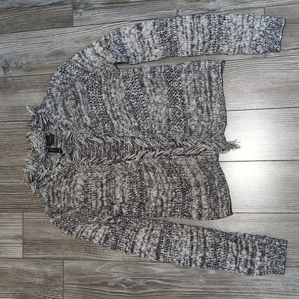 New Directions Petite Grey White Blend Fringe Cardigan S